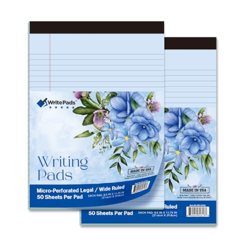 KAISA Blue Legal Pads 8.5x11 Notepads Writing Pads, Wide Ruled Premium Note Pads 20lb Heavy Weight Paper, 50 Sheets Flower Cover Blue 2 Pads Thick Writing Tablets Notepads Made In The USA