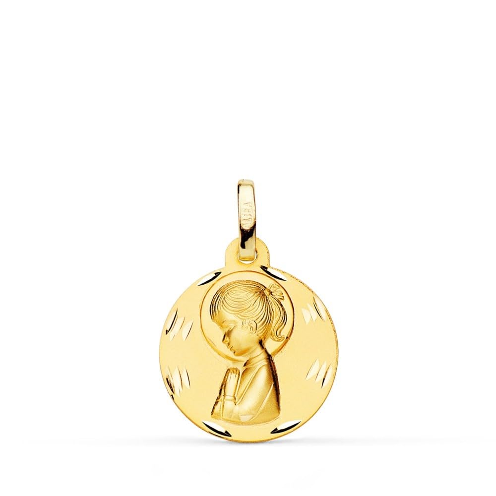 Virgen Niña Primera Comunión Medalla Oro 18k mate 16mm. tallada. Grabación incluida en el precio - Personalizable - GRABACIÓN INCLUIDA EN EL PRECIO