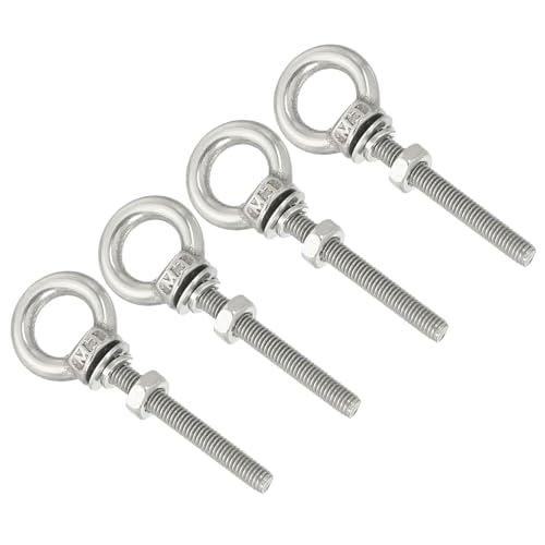 Image of uxcell M3*25 1 /8 inchx0.98 inch Stainless Steel Eye Bolts Threaded Screw Eyebolt Shoulder Ring with Nuts Washers for Lifting Hanging, 4 Set