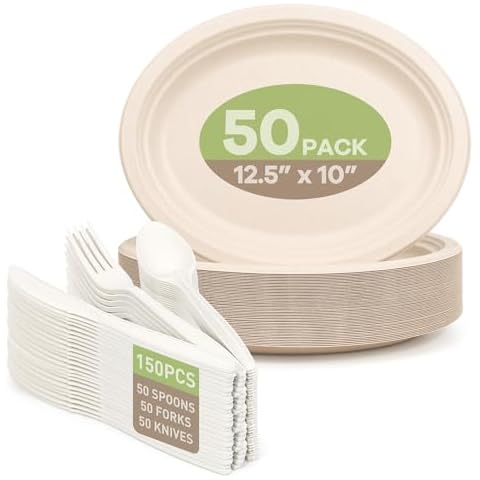 FEHHTO 100% Compostable 12.5Inch 50Pack Oval Paper Plates, 150pcs (50 Forks,50 Spoons,50 Knives) Disposable Cutlery Set，Heavy Duty Bagasse Plates Eco-Friendly Biodegradable Utensils for BBQ, Party Cover