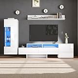 Kebnor TV Wohnwand Set 3-teilig, Hochglanz TV Wohnzimmermöbel-Set mit LED, modernes TV-Schrank,stehend und hängend, Acryl-Schranktüren, Glastrennwand, Weiß, TV bis 70' (Weiß 2)