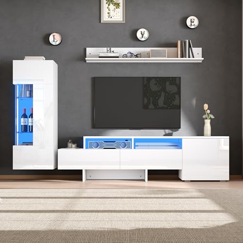 Kebnor Juego de 3 muebles de salón para TV, de alto brillo, con LED, mueble moderno para TV, de pie y colgante, puertas de armario de acrílico, mampara de cristal, color blanco, TV de hasta 70