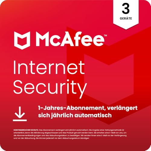 McAfee Internet Security (3 Geräte) 2026 |Echtzeitschutz für PCs vor neuen und dynamischen Bedrohungen | 1-Jahres-Abonnement mit automatischer Verlängerung | Download