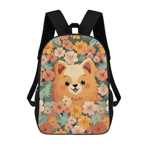 Pomeranians Cartoon Flowers Bookbag - Ultra Lightweight Portable Backpack Work Travel Backpack for Men Women Fits 16 Inch Notebook