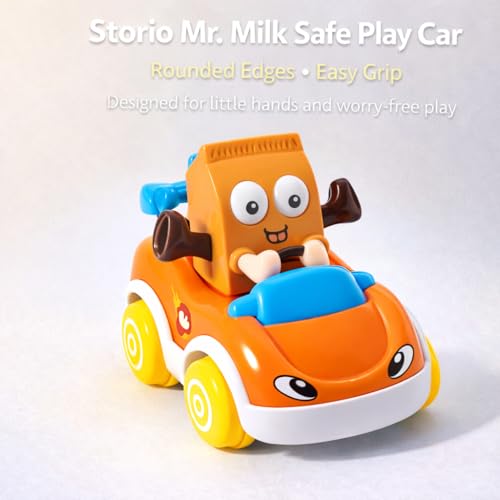 Image of Storio Foodie Toy Car - Mr Milk | Friction Powered Vehicle for 1-3 Year Old Boys & Girls | Push & Go Baby Car Toy | Cartoon Car for Toddlers 12-18 Months | Safe Durable Educational Toy for Kids