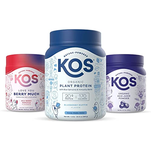 Kos Power Berries Bundle (Organic Blueberry Muffin Plant Protein + Organic Reds Blend + Organic Acai Powder) #TOP19