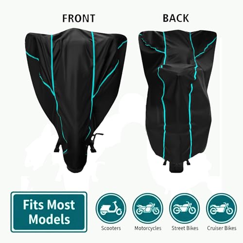 Image of Waterproof Bike Body Cover Compatible for | Indus Crux S Base | Taffeta Fabric, Sky Piping Design, Bottom Elastic Fit | Dustproof, Sun UV & Rain Protection for All Weather.