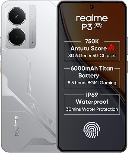 Image of realme P3 5G (Space Silver, 8GB RAM, 256GB Storage) | Snapdragon 6 Gen 4 | 50MP+2MP Rear Camera | 16MP Front | 6.67 inch Full HD+ AMOLED | 6000mAh Battery | 45W Fast Charging | Expandable Up to 2TB