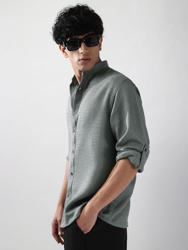 Image of Urbano Fashion Men's Linen Blend Full Sleeve Relaxed Fit Mandarin Collar Casual Solid Shirt
