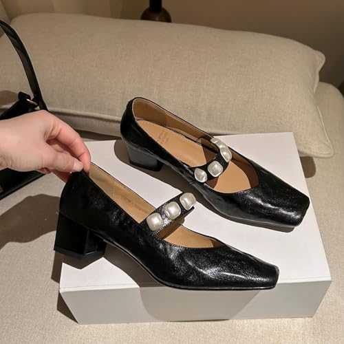 XIEDA Women's Genuine Leather Low Chunky Heel Pumps with Pearl Square Toe Dress Shoes2