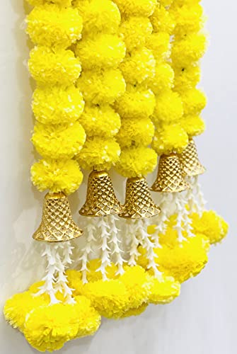 Image of Sphinx Artificial Marigold Fluffy Flowers Garlands for Decoration - Pack of 5 (Clustered Yellow Marigolds, offwhite tuberoses with Bells)