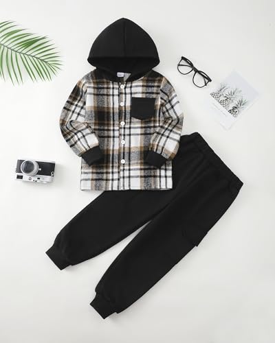 Yhnslsf Boys Clothes Size 10-12 Youth Fall Winter 2 Piece Outfits Toddler Boy Sweatsuit Size 11 Black Plaid Pockets Hoodie Pants Boys' Tracksuits Button Sweatshirts Sweatpants Sports Workout Clothing