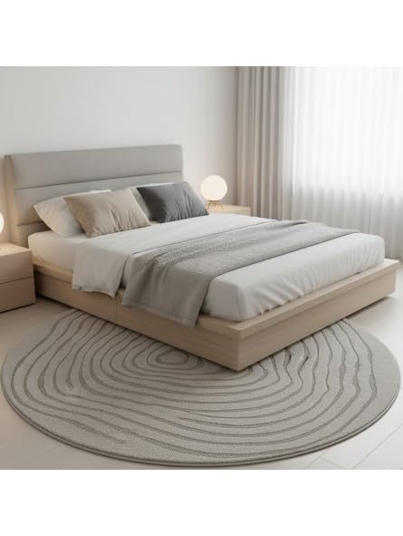 Tapis Rond Moderne à Relief Fluide avec Lignes organiques superposées - Dimension 120 cm Ronde, Couleur Gris