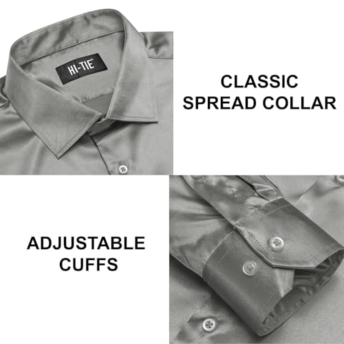 Image of Hi-Tie Men's Silk Satin Dress Shirts Long Sleeve Shiny Casual Button Up Shirts Luxury Party Disco Prom Wedding Shirt