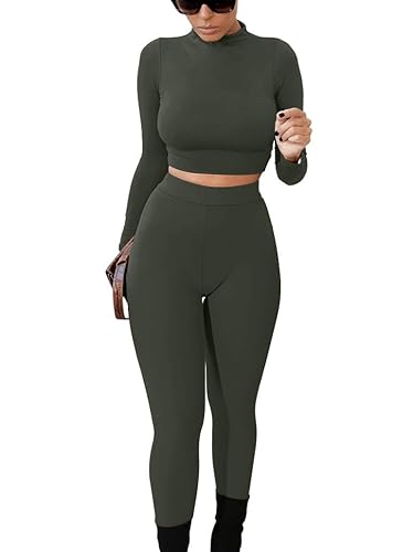 GOKATOSAU Women's Sexy 2 Piece Outfits Long Sleeve Crop Top Pants Set Club Jumpsuits - Olive - Small