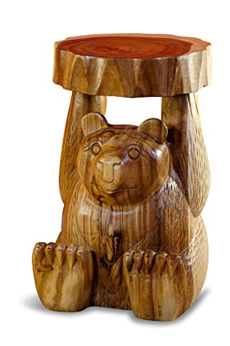 Mesa auxiliar de madera de Suar AMI - acacia podest flores - mesita de noche con tallado - taburete de madera maciza animal (AMI - Oso) Cover
