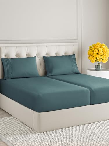 Image of Split King Size 5 Piece Sheet Set - Ultra Soft & Cooling Sheets - Deep Teal | Fits 8 Inch to 16 inch Mattress, Wrinkle Free & Fade Resistant with Deep Pockets, Breathable, Comfy Hotel Luxury Bedding