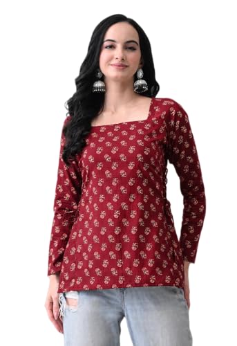 Image of MEERA FAB Women's Floral Printed Cotton Short Kurta Square Neck | Floral Printed Kurta with Full Sleeves | Short Kurti for Women