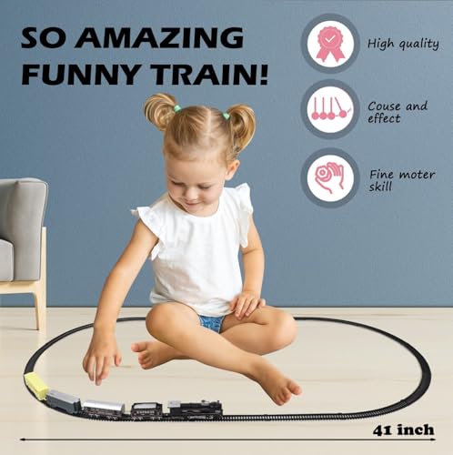 Image of VU Toys Big Black Train Set - Battery Operated Engine with Coal, Passenger Coach, Gray & Yellow Container Coaches and Round & Straight Track-Toy Train with Lights & Sound for Kids (3+ Years)