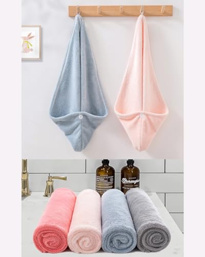 Lumimi 2er-Set Haarturban Kopfhandtuch aus Mikrofaser Extra Saugfähig Schnelltrocknend Flauschig Knopfverschluss Rosa Grau
