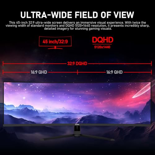 Image of Gawfolk 45 inch Ultra-Wide Curved 1500R Gaming Computer Monitor, DQHD(5120x1440) PC Screen, 240Hz, 1MS, FreeSync, 120% sRGB, Built-in speaker, HDMI2.1 & DP1.4, Wall -mounted compatible 100*100mm-Black