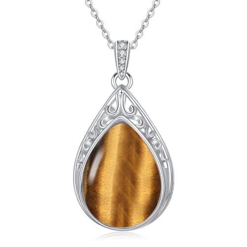 HPQQ Tiger Eye Necklace 925 Sterling Silver Filigree Teardrop Pendant