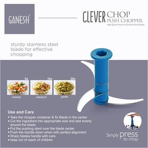 Ganesh Clever Chop Push Chopper Manual Hand Press Push Chopper with 3 Blades for Effortless Chopping Vegetables & Fruits-600ML, Multicolor (Image - 4)