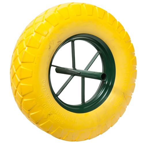 WERKA PRO Roue increvable pour brouette de jardin, performance tout-terrain, jante en métal robuste, dimensions 15'' (385 mm) x 95 mm, axe de 20 mm, couleur jaune et verte.