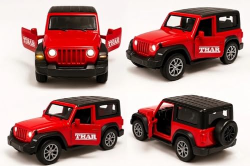 Image of 1:32 Scale DieCast Metal Toy Car Pull Back Action Openable Doors 4x4 Thar /Jeep Premium Car Toy, with Light and Music, for Ages 3-10 Years (RED)