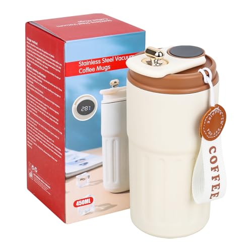 Water Bottle Coffee Flask with Temperature Display, 450 ml Insulated Travel Coffee Mug Reusable Thermal Cups with Leakproof Lid for Hot and Cold Coffee Water