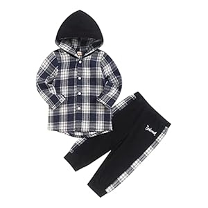 Fuermos Toddler Baby Boys Clothes Flannel Lattice Button Down Hoodied Tops +Pants Boys Fall Winter Outfits