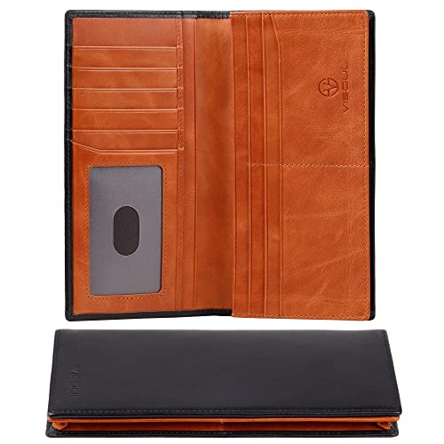 Portafoglio Lungo in Vera Pelle da Uomo con Blocco RFID Portafogli Verticale da Uomo Slim Bifold con 3 Scomparti Banconote e 12 Slot per Carte credito Nero+Rosso Marrone