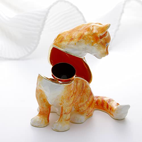 Vie Jeune Hand Painted Cat Trinket Box, Hinged Enameled Jewelry Box, Unique Mini Ring Earrings Jewelry Organizer, Vintage Bejeweled Storage, Figurine Collectible Keepsake Home Decor (Cat) #TOP2