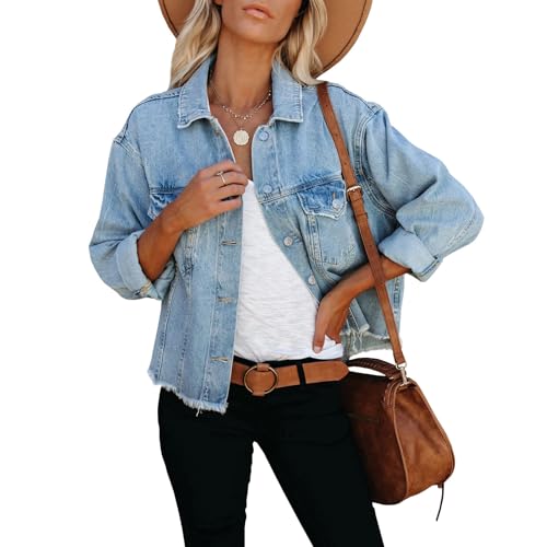 LONGBIDA Women's Jean Jacket Frayed Washed Button Up Cropped Denim Jacket With Pockets(Light Blue,L)