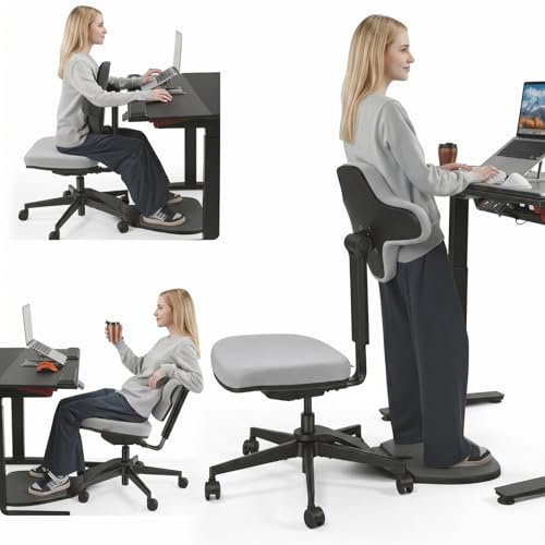 Image of DROGO Stance 5-in-1 Standing Mate Chair, Ergonomic Office Chair for Standing Desk | Sit-Stand-Leaning Perch Chair with Anti-Fatigue Mat | Flip Backrest, Adjustable & Dynamic Posture Support(LightGrey)