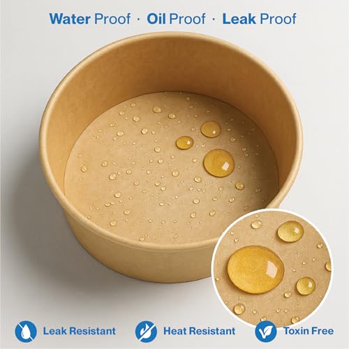 Image of PRASHEEL Living 750ml Disposable Round Kraft Paper Bowl with Lid | Takeout Containers for Hot /Cold Foods, Salad, Dessert, Soup, Noodles | Leak-Proof, Microwaveable Food Storage Containers, 10 Pack