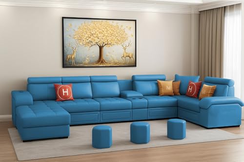 Image of Casaliving Emerson Modern U-Shaped Sectional Sofa Set 9 Seater, Sofa Couch with 3 Puffy for Hall (Turquise Colour) Premium Leatherette Fabric Sofa Set for Living Room