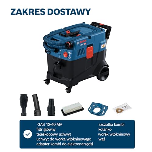 Bosch Professional: odkurzacz uniwersalny GAS 12-40 MA (moc 1200 W, automatyczne oczyszczanie filtra (AFC), filtr główny, wąż, adapter kombi do elektronarzędzia, szczotka kombi)