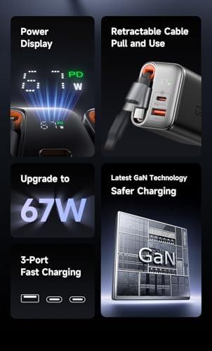 Image of mcdodo 67W USB C Charger With Retractable Type-C Cable, Dual Port (USB A+C) Foldable Wall Charger Gan Fast Charging Fit iPhone 16 15 Pro /Promax /Plus, Galaxy, Ipad, Macbook, Black