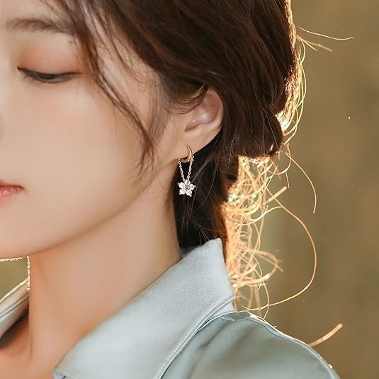 Gold Chain Tassel Hoop Earrings for Women Zirconia Flower Drop Earrings Delicate 14K Small Hoop Earrings Trendy Rhinestone Flower Dangle Jewelry - Image 2