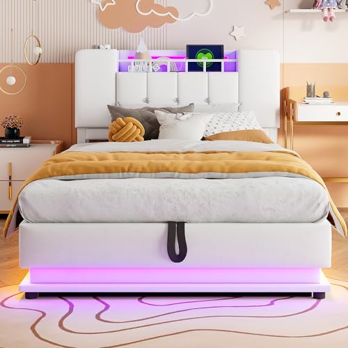 Wiuzo Cama tapizada inteligente para niños, 90 x 200 cm, con iluminación LED, puerto USB y almacenamiento hidráulico, funda de terciopelo suave, estructura de metal, color beige