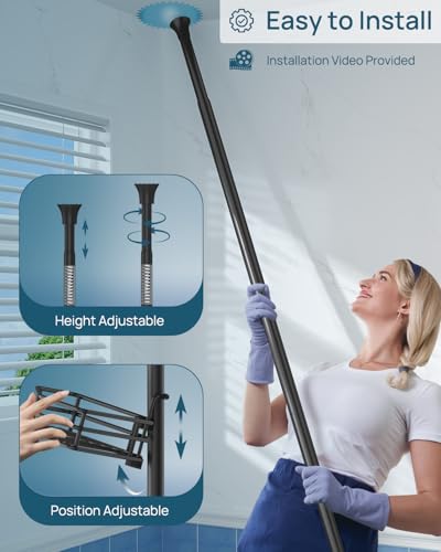 Image of SEIRIONE Corner Shower Caddy Tension Pole, Quick Setup, Rust-Free Bathroom Shower Organizer Corner for Bathtub Shampoo Storage, 4-Tier Adjustable Shelf, Drill Free, Fits 34 to 116 Inch Height, Black