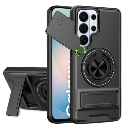 Image of AESTMO Samsung Galaxy S26 Ultra 5G Back Cover | Armor Camera Slider 360 Degree Rotating Finger Ring Holder Case with Bracket Stand Back Case Cover (Compatible with MagSafe Accessories) (Black)