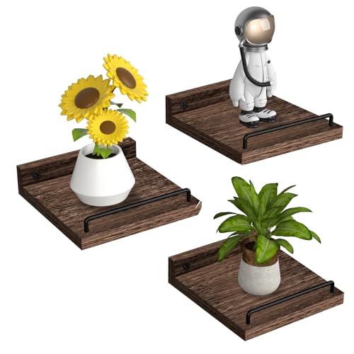 Image of RYOFOBETTO Small Floating Shelf, 6X6 Inches Farmhouse Wall Shelves for Living Room, Bedroom, Picture Frames, Plants, Kitchen, Set of 3 (Brown)