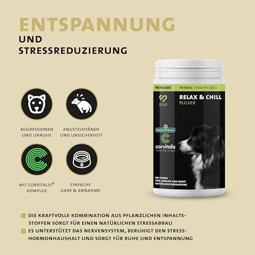 Peticare Relax-Mix Pulver für Hunde | Beruhigendes Ergänzungsfutter-Mittel | Natürliche Inhaltsstoffe, mit Baldrian & Ashwagandha | Stressabbau & Entspannung | petDog Health 2601