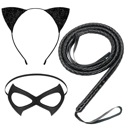 GORUI 3PCS Halloween Cat Costume Accessories for Women Glitter Cat Ears Headband PU Mask and Black Long Whip for Halloween Party Role Playing Accessories