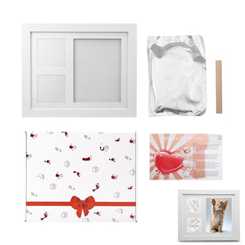 Fotenabdruck Set Hund, Bilderrahmen und Pfotenabdruck Set Weiß, 3D Gipsabdruck Andenkenbox, Pfotenabdruck Set Hund Geschenke für Katzen oder Hundebesitzer, Geschenke für Heimdekoration Unvergesslich