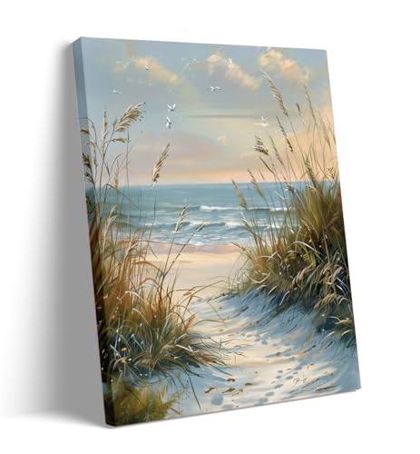 Seaside Dune Grasses Canvas Poster – Tranquil Ocean Pathway Beachscape Wall Art Print for Coastal Themed Living Room Bedroom Home Office Decor 20x30in Large Frame wall art