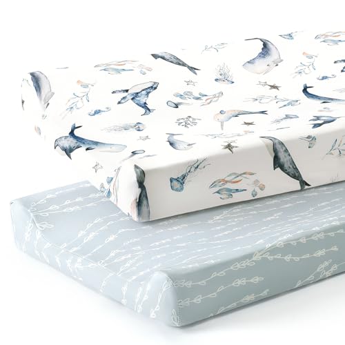 Image of GRSSDER Stretch Ultra Soft Jersey Knit Changing Pad Cover Set 2 Pack, Change Table Pad Covers Fit 32 inch /34 inch x 16 inch Pads Safe and Snug, Sea Fish Print for Girls and Boys