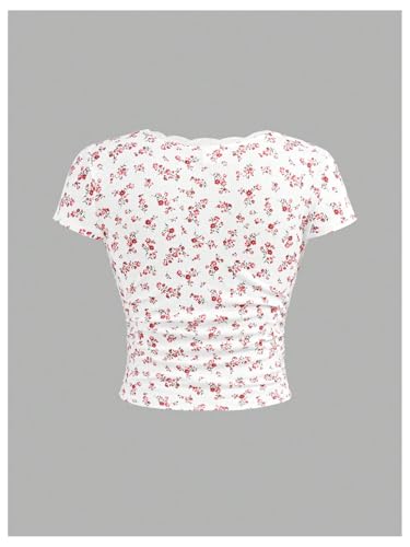 Image of RoseSeek Girl's Ditsy Floral Print Lace T Shirt Short Sleeve Ribbed Ruched Cute Tee Shirts Summer Tops
